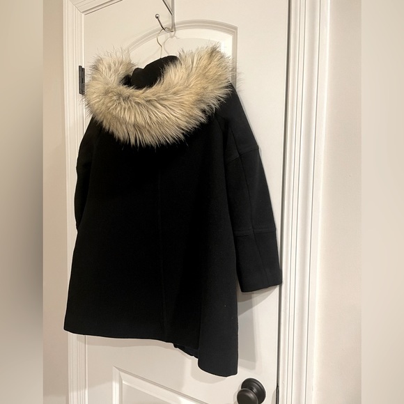J. Crew Black Wool Winter Coat with Furry Hood - Size 2 - Picture 9 of 11